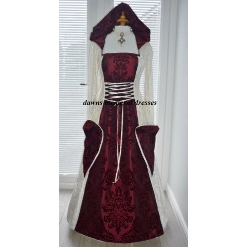 Pagan Medieval Cream & Wine Hooded Wedding Handfasting Dress