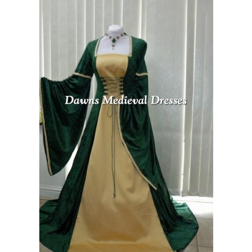 Medieval Renaissance Gown Green Gold Dress Costume LOTR Wedding LARP Shrek 4X 